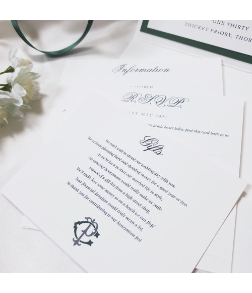 Luxury Forest Green Wedding Invitation with detail cards including information card, rsvp card and gifts card