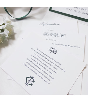 Luxury Forest Green Wedding Invitation with detail cards including information card, rsvp card and gifts card