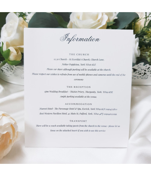Wedding information card in forest green theme with reception details, accommodation and guest guidance