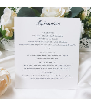 Wedding information card in forest green theme with reception details, accommodation and guest guidance
