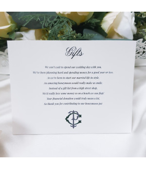 Forest green wedding gift card with personalised monogram and space for honeymoon fund or gift list details