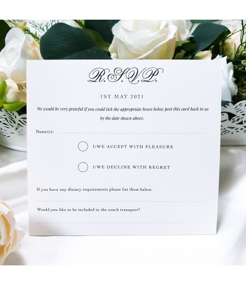 Forest green wedding RSVP postcard with guest response details, dietary requirements and return address layout