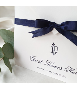 Elegant navy wedding invitation suite featuring RSVP card, information card, and coordinated stationery