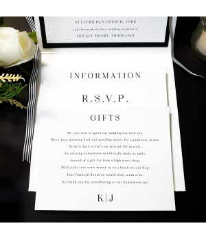 Close-up of personalised black wedding invitation featuring crisp white print and luxury card stock
