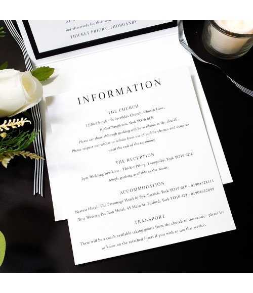 Elegant dark-themed wedding invitation folder with minimalist styling and luxury bespoke detailing