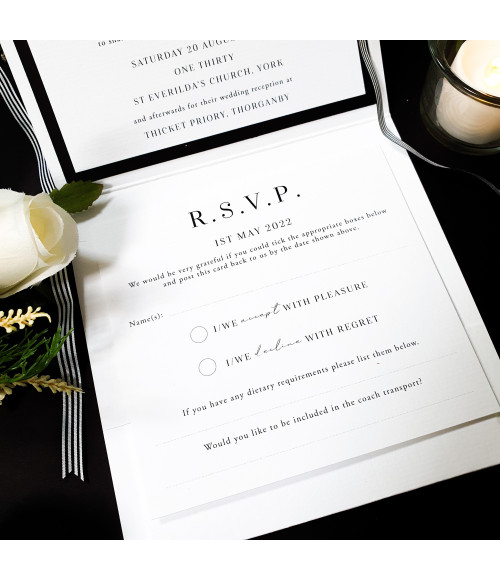 Minimalist wedding stationery set with luxury black ribbon wedding invitation design.