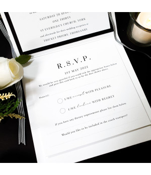 Minimalist wedding stationery set with luxury black ribbon wedding invitation design.