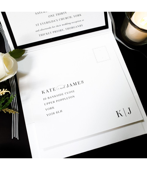 Elegant ribbon wedding invitation card with modern minimalist wedding theme.