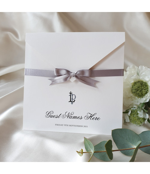 Signature Collection Silver day wedding invitation with personalised initials and refined monochrome styling