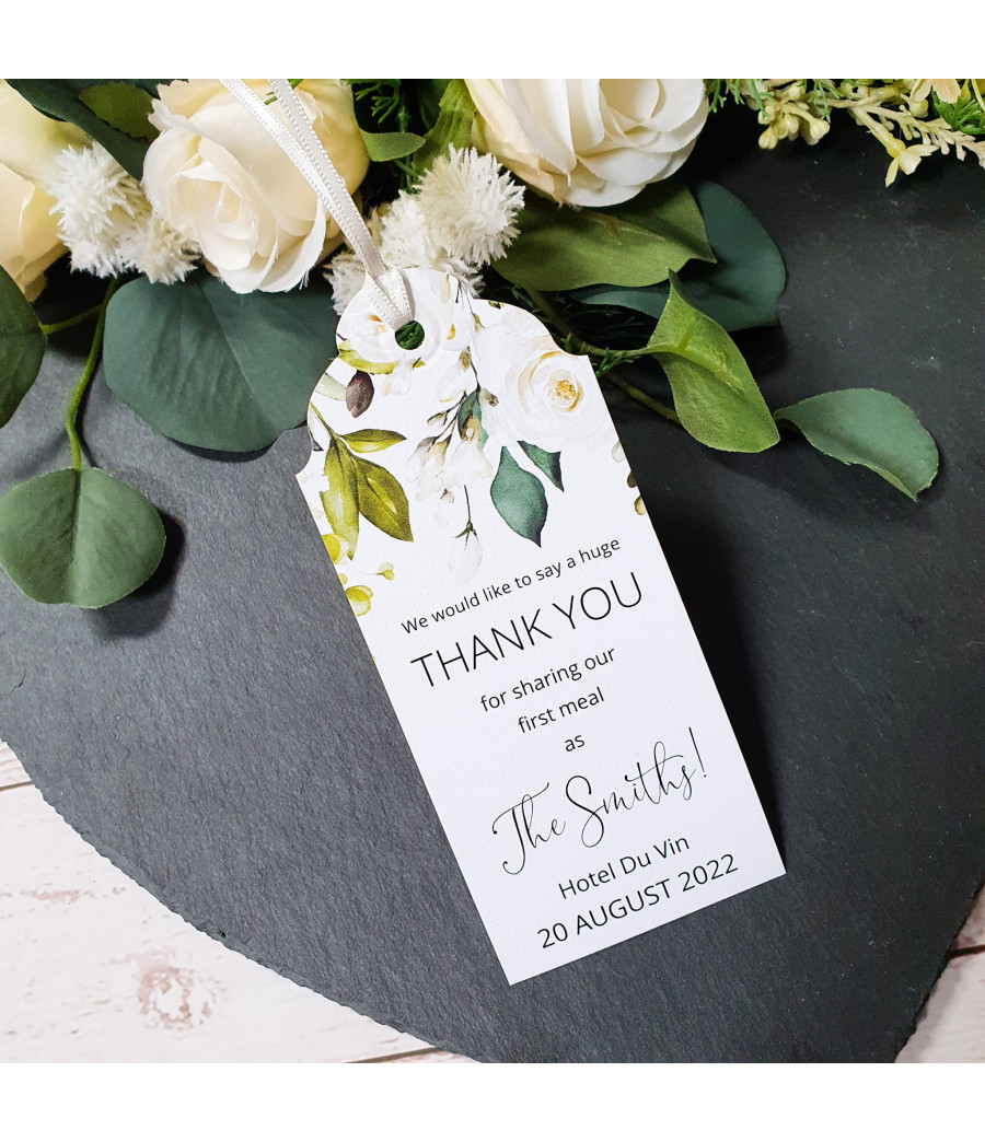 Personalised Concertina White Roses reserved seat wedding favour tag with elegant floral design.