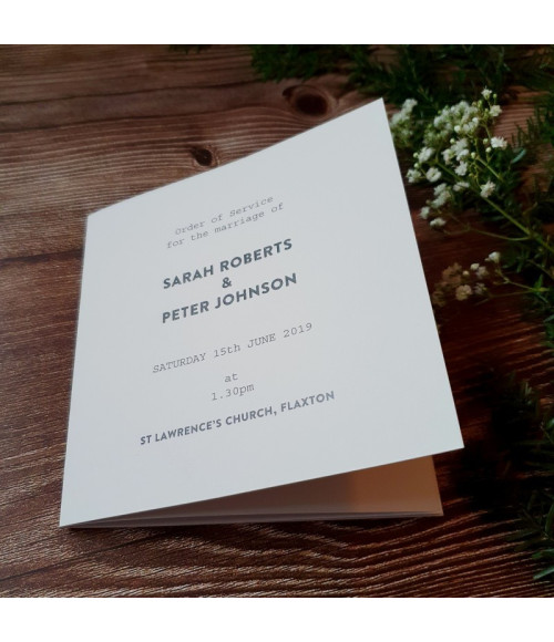 Grey and black rustic wedding order of service booklet with inner pages