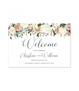 Elegant personalised wedding welcome sign featuring soft blush roses and timeless typography.