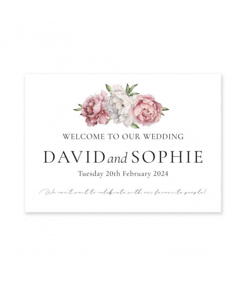 Luxury floral wedding welcome sign featuring blush peonies, customised with the couple's names and wedding date.