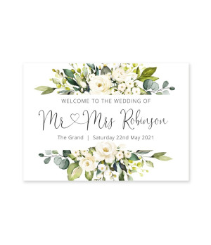 White rose wedding welcome board coordinating with our Concertina and Simplicity wedding stationery collections.