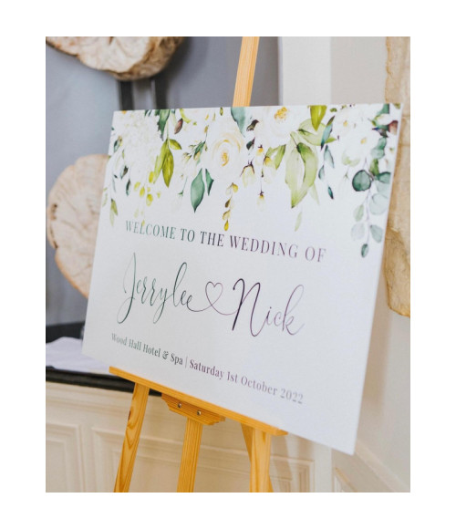 Elegant A1 wedding welcome sign personalised with the couple’s names, wedding date and venue details.