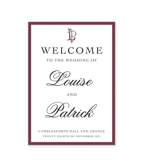 Elegant personalised wedding welcome sign in soft dusky pink.