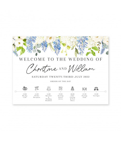 Elegant dusty blue wedding timeline sign personalised with the couple’s names, date and scheduled events.