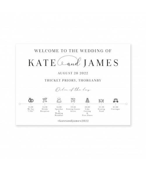 Modern black and white wedding order of the day sign professionally printed on to 5mm board, choose any wording
