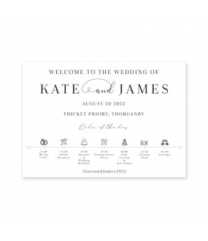 Modern black and white wedding order of the day sign professionally printed on to 5mm board, choose any wording
