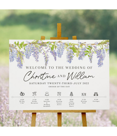 Personalised Affinity Wisteria Order of the Day sign with elegant purple floral design.