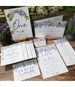 Affinity Wisteria wedding stationery sample featuring elegant purple floral design.