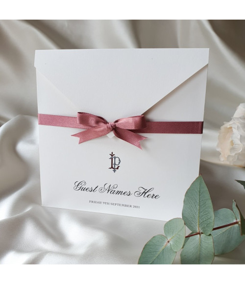 Elegant personalised dusky pink wedding invitation handmade in the UK.