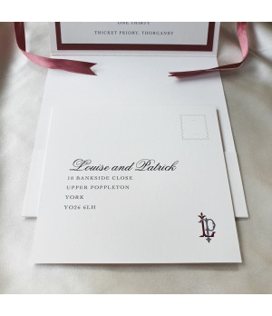 Classic dusky pink wedding invitation with matching RSVP postcard.