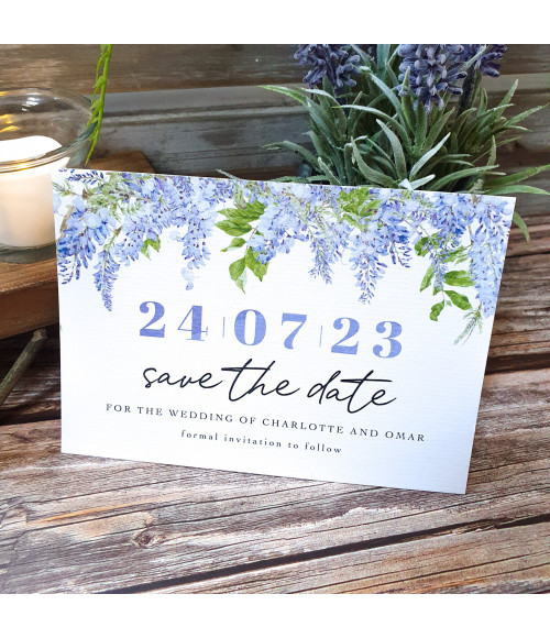 Personalised Affinity Wisteria Save the Date card with elegant purple floral design.