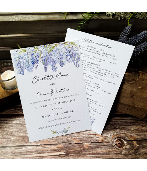 Elegant personalised evening wedding invitations with delicate cascading wisteria flowers.