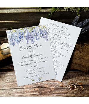 Elegant personalised evening wedding invitations with delicate cascading wisteria flowers.