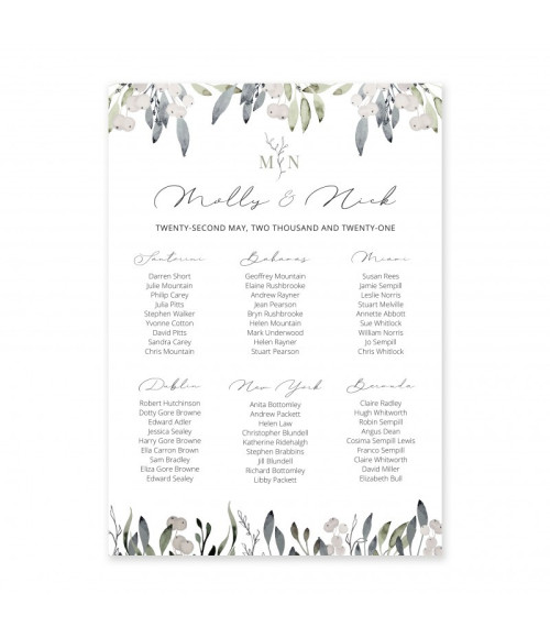 Luxury Personalised Botanical Wedding Table Plan with Delicate Foliage