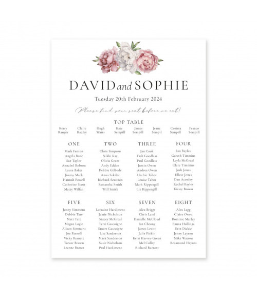 Personalised Beau Peonies wedding table plan with elegant pink floral seating chart