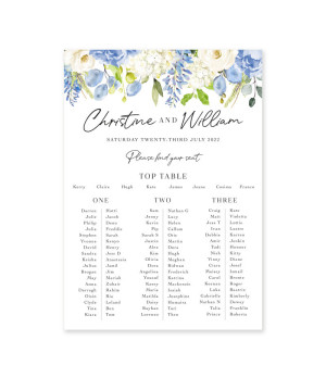 Personalised Affinity Dusty Blue wedding table plan with elegant floral seating chart design