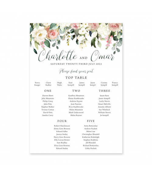 Luxury blush roses seating chart perfect for classic and romantic wedding themes