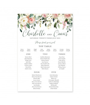 Luxury blush roses seating chart perfect for classic and romantic wedding themes
