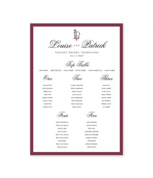 Elegant personalised wedding seating plan in soft dusky pink.