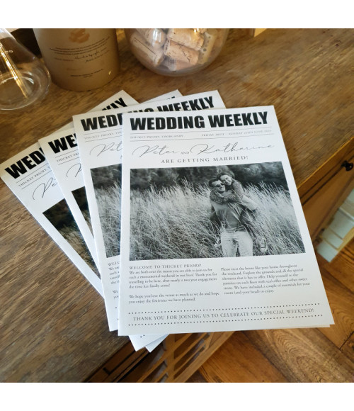 High-quality printed black and white wedding newspaper for guests