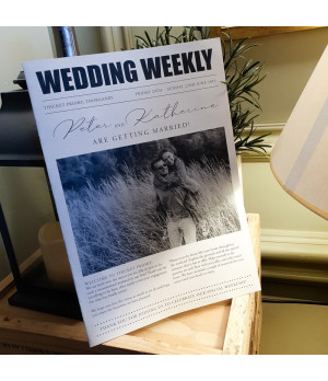Elegant and personalised wedding day newspaper in black and white