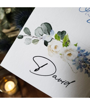 Dusty blue wedding place card individually personalised with each guest’s name.