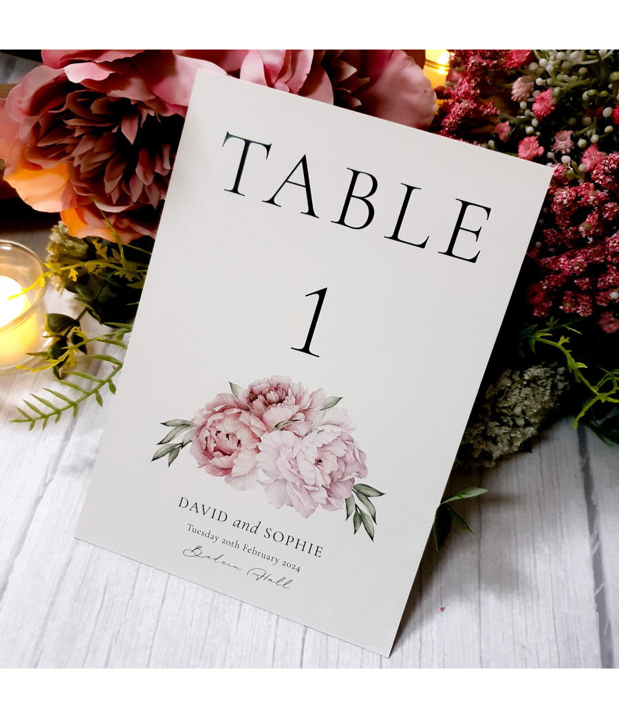 Guide your guests with our Peonies personalised wedding table number cards, featuring elegant floral artwork.