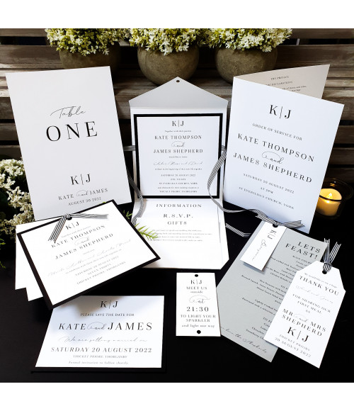 Wedding stationery samples, modern black and white with monogram