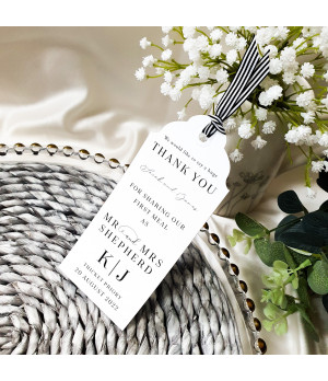 Modern black and white favour gift tag with stripy ribbon