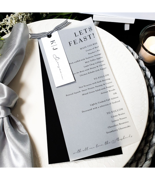 Modern black and white wedding menu with guests name card, vellum and stripy ribbon