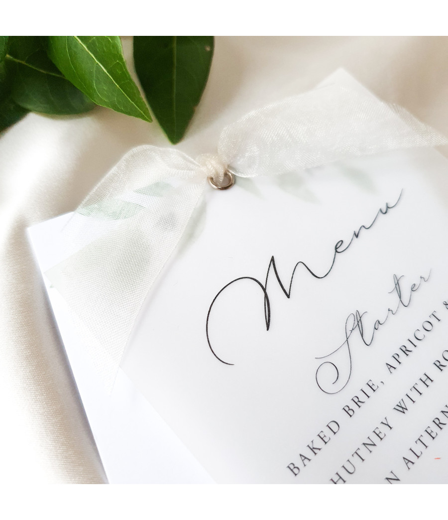 Luxury personalised olive leaf wedding menu for elegant wedding receptions.