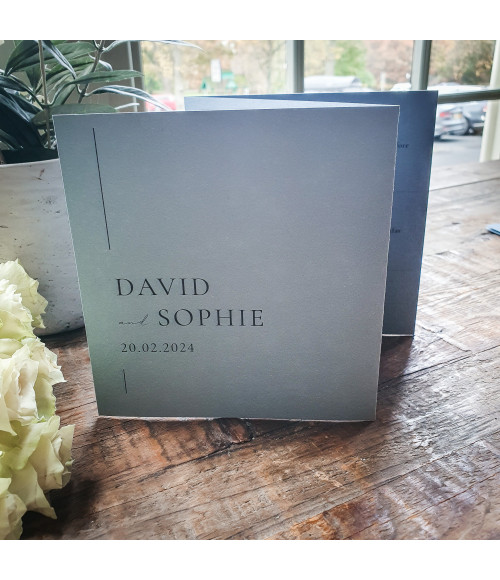 Luxury personalised day wedding invitations in a timeless dusty blue colour palette