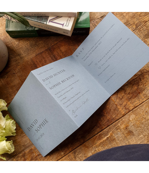 Beau Dusty Blue wedding stationery suite with luxury personalised invitation design