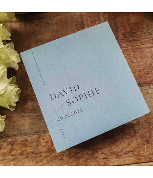 Beautiful Beau Dusty Blue wedding invitation designed for elegant modern weddings
