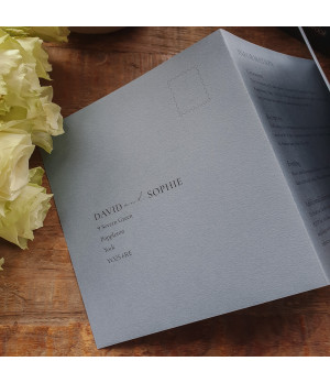 Modern dusty blue day invitations with personalised wedding details for your guests