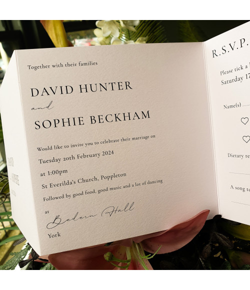Elegant personalised pink wedding invitation printed on premium card for a timeless wedding stationery collection.