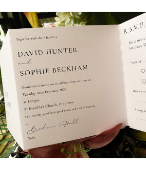 Elegant personalised pink wedding invitation printed on premium card for a timeless wedding stationery collection.